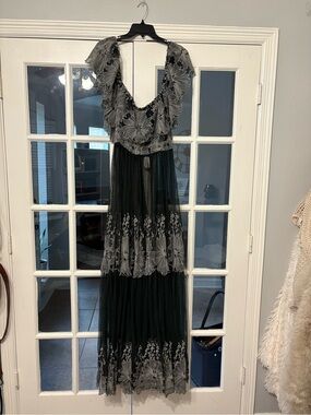 Dark Geeen Sheer Lace Maxi Dress with Floral Embroidery